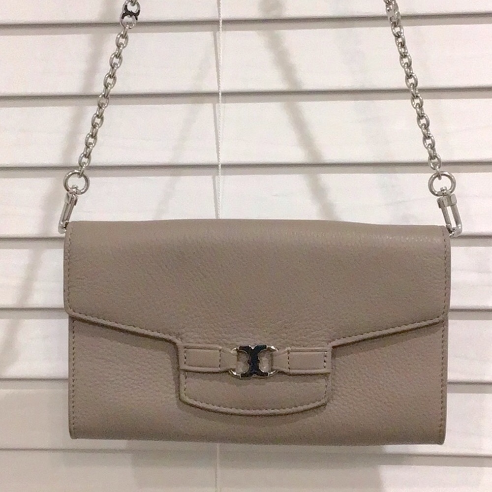 Tory Burch Taupe Leather Gemini Link Clutch Crossbody Bag